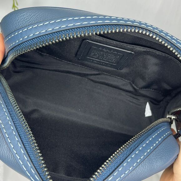 Coach New York Navy Blue Leather Cosmetic Bag, Yellow Fish Print, Dust Bag, NWT - Picture 8 of 13